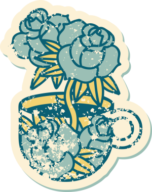 Bir bardağın ve bir insanın çizdiği çiçeklerin sembolik dövmesi.