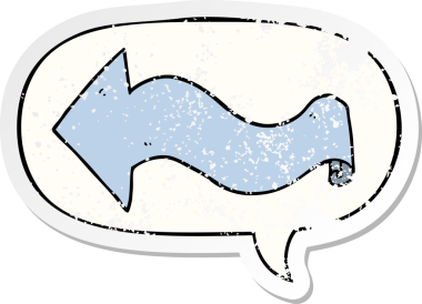 Konuşma baloncuğu olan çizgi film oku bir insan tarafından çizilmiş sıkıntılı eski bir çıkartma