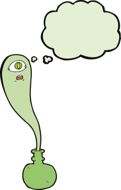 Şişede cadılar bayramı hayaleti ve bir insan tarafından çizilmiş düşünce balonu.