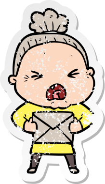 Bir insan tarafından çizilmiş kızgın yaşlı bir kadının sıkıntılı çıkartması.