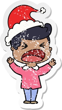 Bir insan tarafından çizilmiş Noel Baba şapkası giymiş bağıran bir adamın el yazısı.