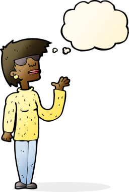 Bir insan tarafından çizilmiş düşünce balonlu gözlük takan çizgi film kadını.