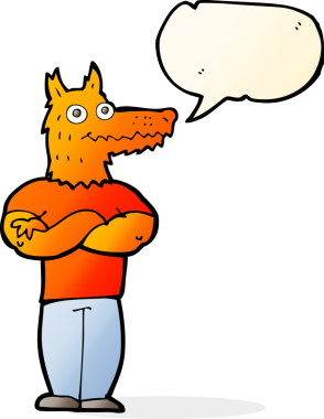 Bir insan tarafından çizilmiş konuşma balonlu tilki adam.