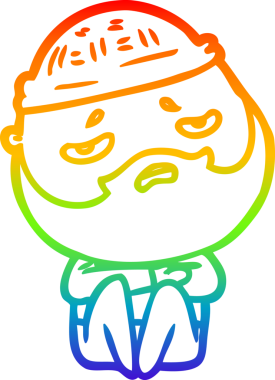 Bir insan tarafından çizilmiş sakallı, endişeli bir çizgi film çizimi.