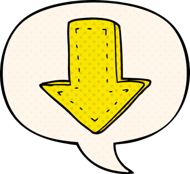 Bir insan tarafından çizilmiş çizgi roman tarzında konuşma balonlu bir ok gösteren çizgi film.