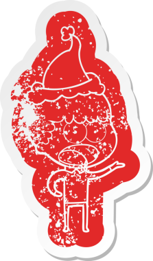 Şok olmuş bir adamın insan tarafından çizilmiş Noel Baba şapkası giymesi garip bir karikatür.