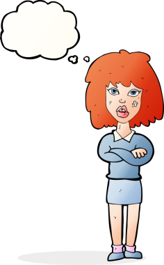 Bir insan tarafından çizilmiş düşünce kabarcığıyla kollarını kavuşturmuş sert kadın çizgi filmi.