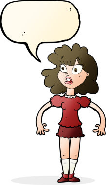 Bir insan tarafından çizilmiş konuşma baloncuğuyla şok olmuş güzel bir kız.