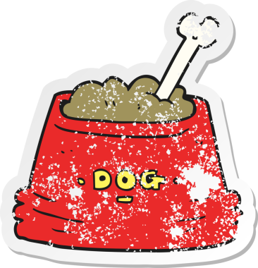 Bir insan tarafından çizilmiş köpek maması kasesinin gerilimli retro yapıştırması.