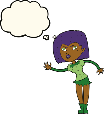 Bir insan tarafından çizilmiş düşünce balonlu vampir kız.