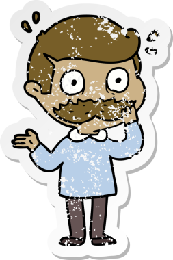 Bir insan tarafından çizilmiş bıyıklı bir çizgi film karakterinin sıkıntılı çıkartması.