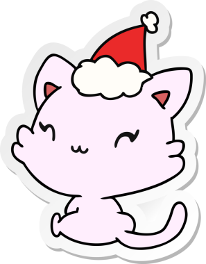 Bir insan tarafından çizilmiş kawaii kedisinin el çizimi Noel çıkartması.