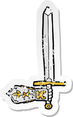 Çizgi film kılıcının ve bir insanın çizdiği elin gerilmiş çıkartması.