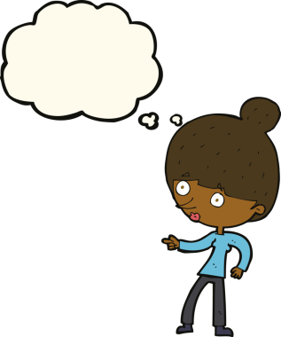 Bir insan tarafından çizilmiş düşünce balonuyla işaret eden çizgi film kadını.