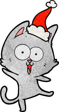 Bir insan tarafından çizilmiş Noel Baba şapkası takan bir kedi çizilmiş komik el çizimi.