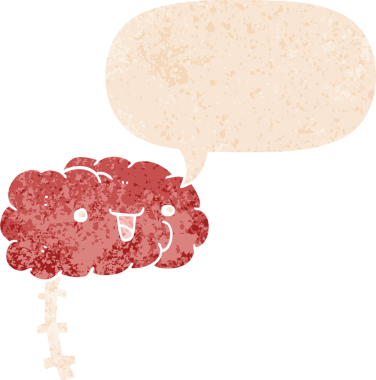 Mutlu çizgi film beyni, konuşma baloncuğu ile grunge sıkıntılı retro desen bir insan tarafından çizilmiş