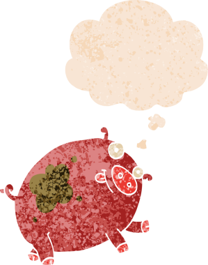 Homurdanan düşünce baloncuklu çizgi film domuzu bir insan tarafından çizilmiş dertli retro stili.