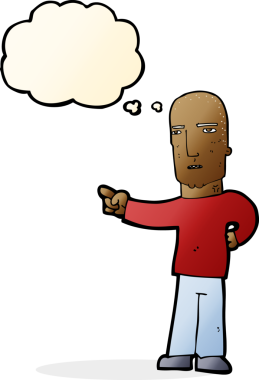 Bir insan tarafından çizilmiş düşünce baloncuğuyla işaret eden sert adam.