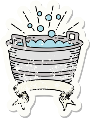 Bir insan tarafından çizilmiş dövme stili teneke bir banyonun eski etiketi.