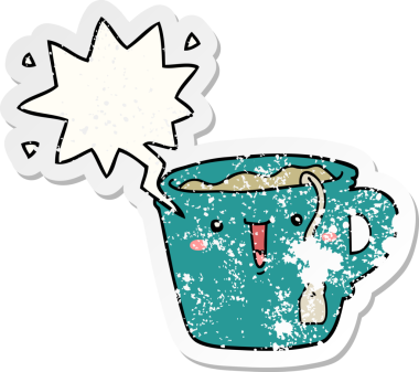 Tatlı çizgi film kahve fincanı. Konuşma baloncuğu. Bir insan tarafından çizilmiş sıkıntılı eski bir çıkartma.