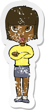 Bir insan tarafından çapraz kollu çizilmiş bir karikatür kadının gerilmiş çıkartması.