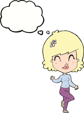 Bir insan tarafından çizilmiş düşünce baloncuğuyla dans eden güzel bir kadın.