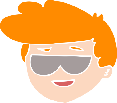 Düz renkli çizgi film karakteri bir insan tarafından çizilmiş güneş gözlüğü takıyor.