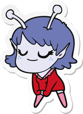 Bir insan tarafından çizilmiş gülümseyen uzaylı bir kızın çıkartması.