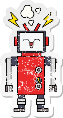 Bir insan tarafından çizilmiş sevimli bir robot çizgi film çıkartması.