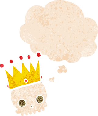 Düşünce baloncuğu ve grunge ile taçlandırılmış karikatür kafatası bir insan tarafından çizilmiş rahatsız edilmiş retro tarzı