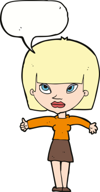 Bir insan tarafından çizilmiş konuşma baloncuğuyla baş parmak işareti yapan çizgi film kadını.