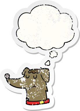 Düşünce baloncuğu olan çizgi film köpeği insan tarafından çizilmiş yıpranmış bir çıkartma gibi.