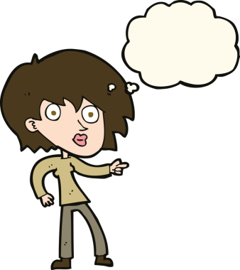 Bir insan tarafından çizilmiş düşünce baloncuğuyla işaret eden bir karikatür.