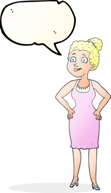 Bir insan tarafından çizilmiş elbise giyen serbest konuşma balonu karikatürü kadın.