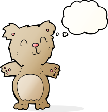 Bir insan tarafından çizilmiş düşünce baloncuklu şirin oyuncak ayı.