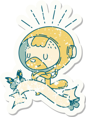 Bir insan tarafından çizilmiş astronot kıyafetli dövme stili bir hayvanın eski çıkartması.