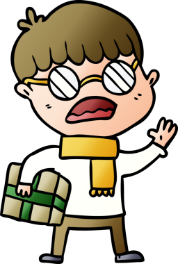 Bir insan tarafından çizilmiş gözlük takan ve hediye taşıyan çizgi film çocuğu.