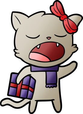 Bir insan tarafından çizilmiş Noel hediyeli çizgi film kedisi.