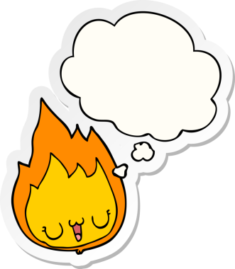 Düşünce baloncuklu yüzü olan çizgi film alevi insan tarafından çizilmiş bir çıkartma gibi.