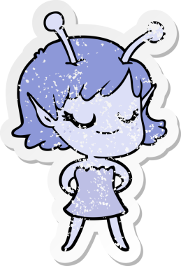 Bir insan tarafından çizilmiş gülümseyen uzaylı kız çizgi filminin sıkıntılı çıkartması.