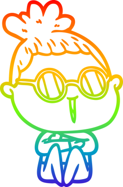 Bir insan tarafından çizilmiş gözlük takan bir karikatür kadının çizimi.