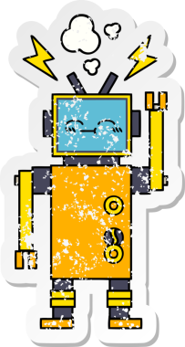 Bir insan tarafından çizilmiş arızalı bir robot çizgi film çıkartması.