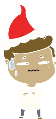 Bir insan tarafından çizilmiş Noel Baba şapkası giyen endişeli bir adamın el çizimi düz renk çizimi.