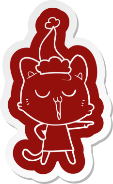 Bir insan tarafından çizilmiş Noel Baba şapkasıyla şarkı söyleyen bir kedinin garip çizgi film çıkartması.