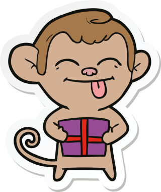 Bir insan tarafından çizilmiş Noel hediyeli komik bir maymun çıkartması.