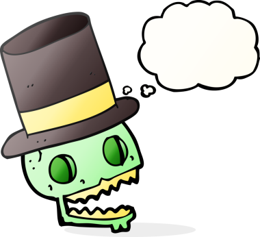 El yazısıyla çizilmiş düşünce balonu çizgi filmi. Bir insan tarafından çizilmiş silindir şapkalı kafatası.