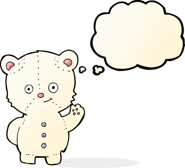 Bir insan tarafından çizilmiş düşünce baloncuğu ile kutup ayısı yavrusu sallayan çizgi film