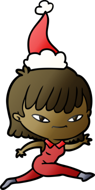 Bir insan tarafından çizilmiş Noel Baba şapkası giymiş bir kadının el çizimi karikatürü.