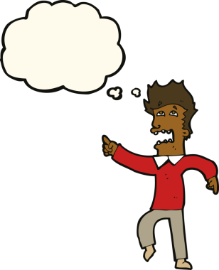 Bir insan tarafından çizilmiş düşünce baloncuğuyla işaret eden korkmuş bir çizgi film.