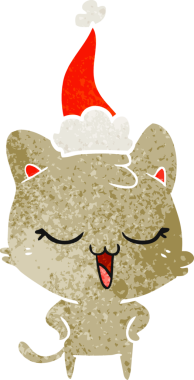 Mutlu el çizimi, Noel Baba şapkası takan bir kedinin insan tarafından çizilmiş retro karikatürü.